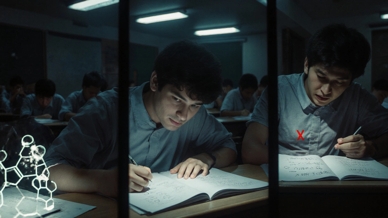 Three students in exam hall, one confident in chemistry, others struggling with physics and math problems.