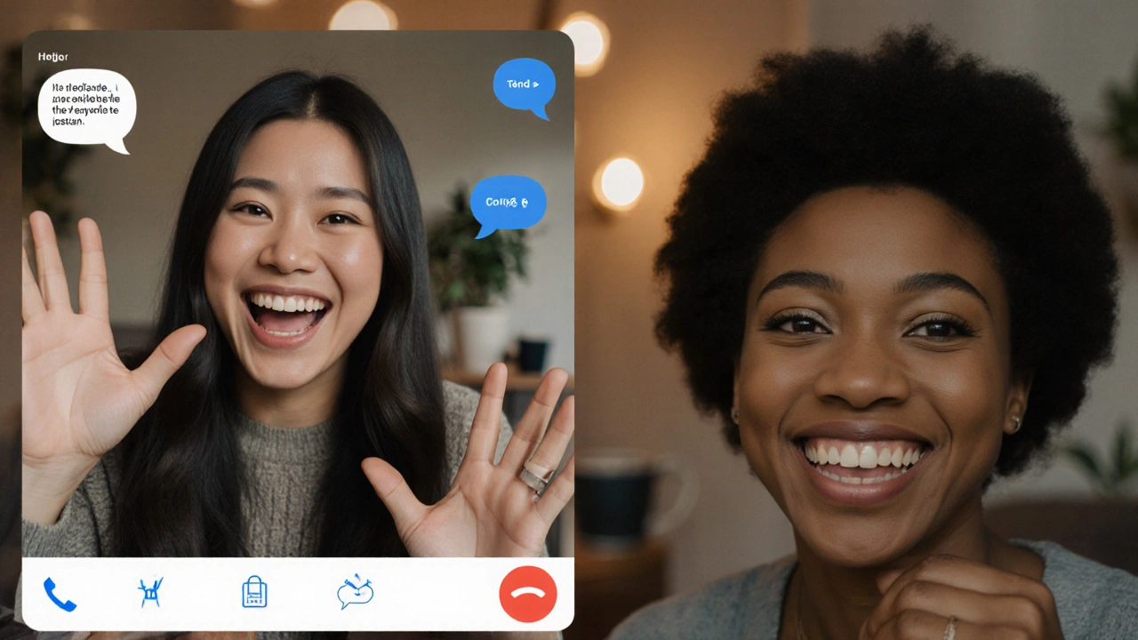 Two people on a video call practicing English, one speaking with gesture, the other smiling in response.