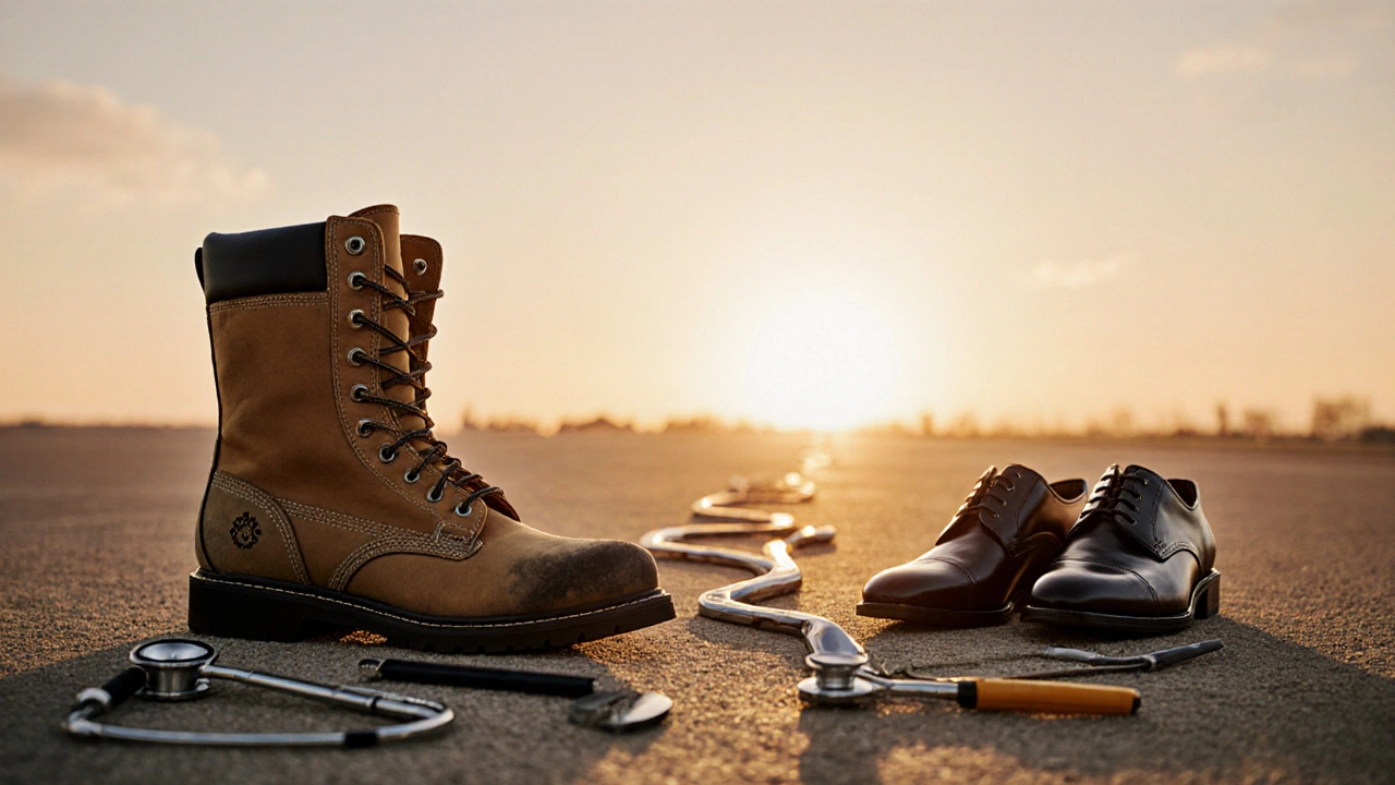 Work boots beside dress shoes, with tools leading to a glowing horizon.