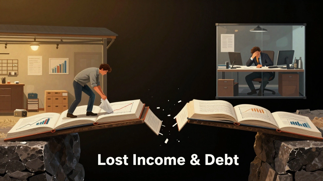 A broken bridge of business charts spans a chasm, symbolizing career paths diverging between corporate and entrepreneurial routes.