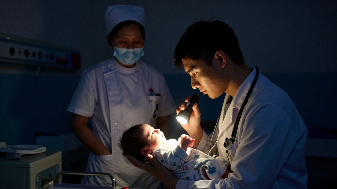 A doctor holds a newborn&#039;s hand with a flashlight in a dark rural hospital room.