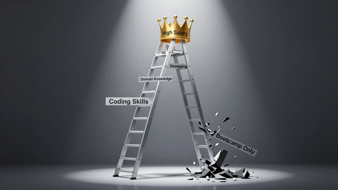 A ladder of coding skills leading to a salary crown, with a broken lower ladder labeled &#039;Bootcamp Only&#039;.