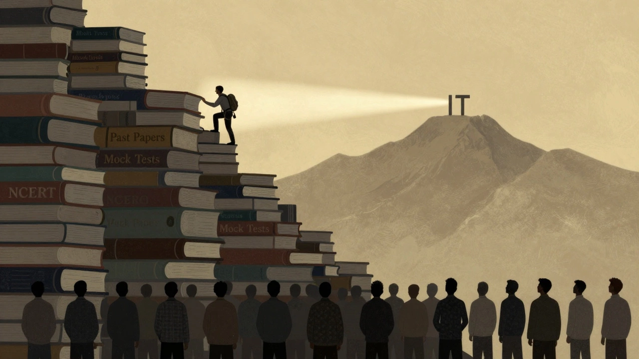 A lone climber ascending a mountain of books toward an IIT peak, symbolizing self-study success.