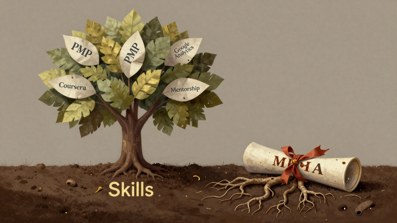 A thriving tree of certifications grows beside a dying MBA diploma tree, representing alternative paths to career growth.
