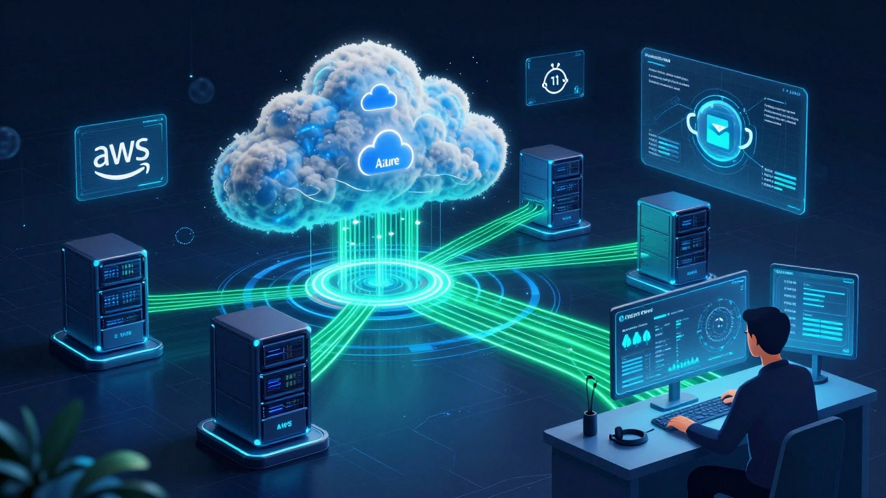 Cloud infrastructure network with glowing servers and DevOps engineer at control panel