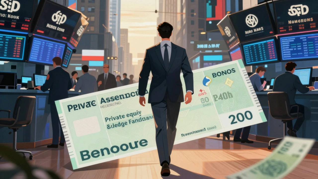 Finance professional on a New York trading floor with glowing market data and bonus check