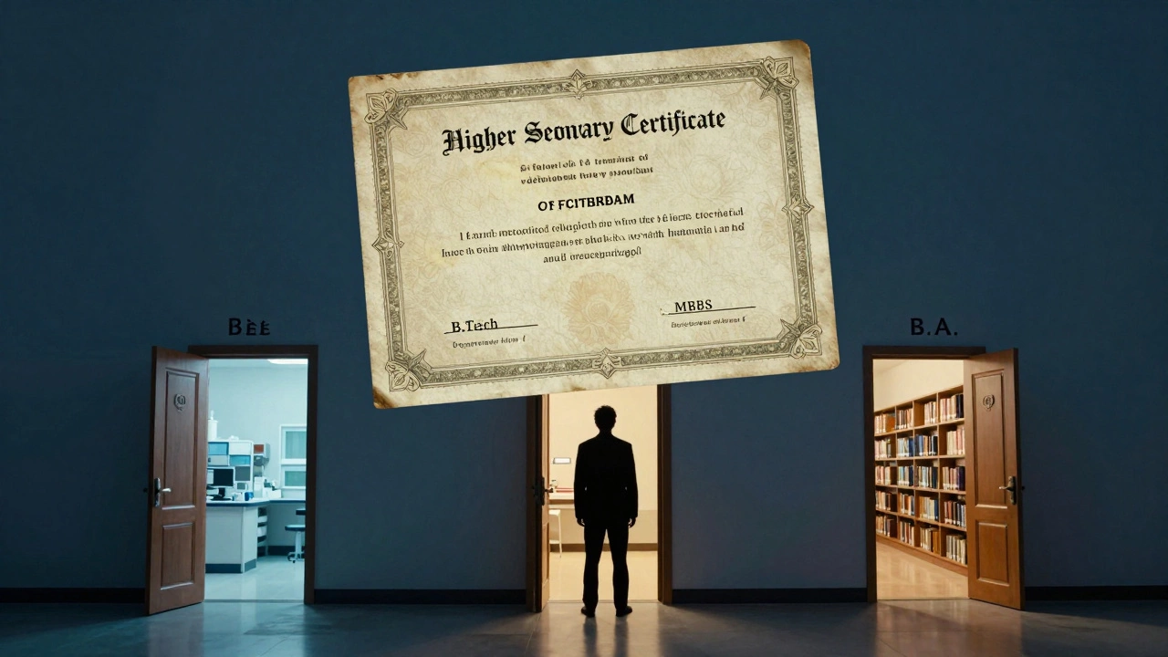 Floating certificate above three doors representing engineering, medicine, and arts career paths.