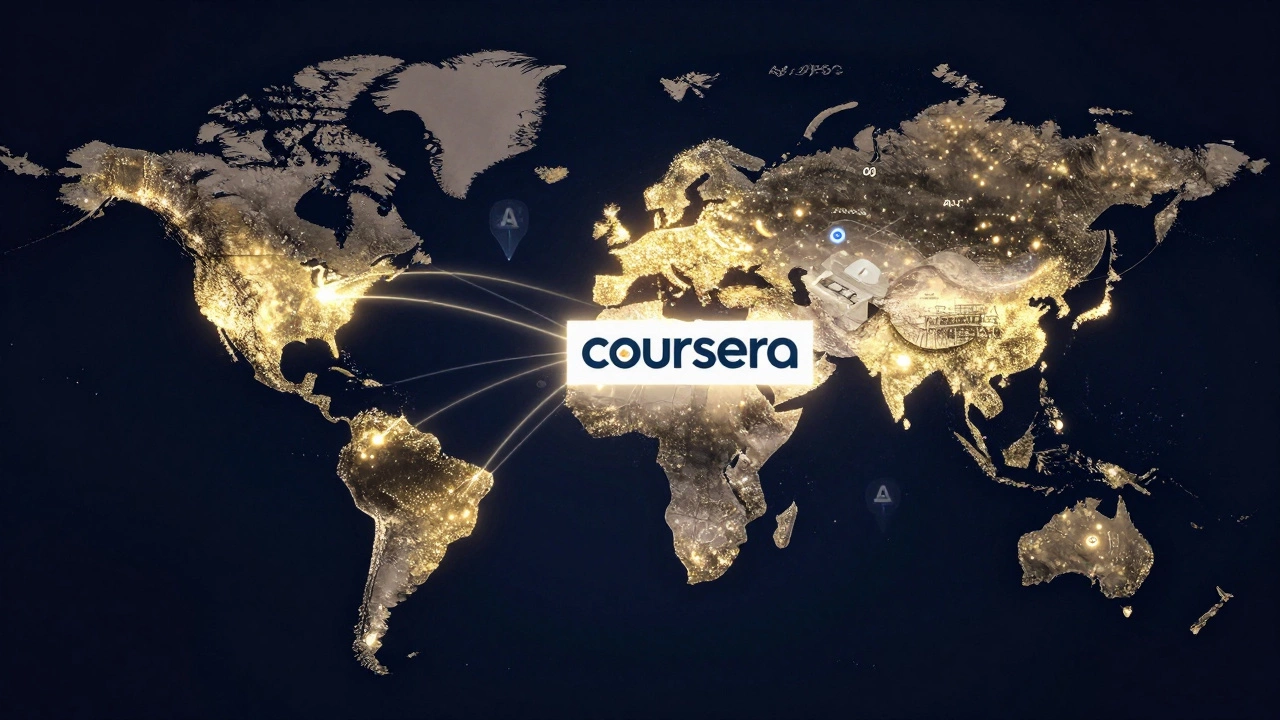 Global map showing Coursera financial aid connections from India to jobs worldwide, with AI learning aids.
