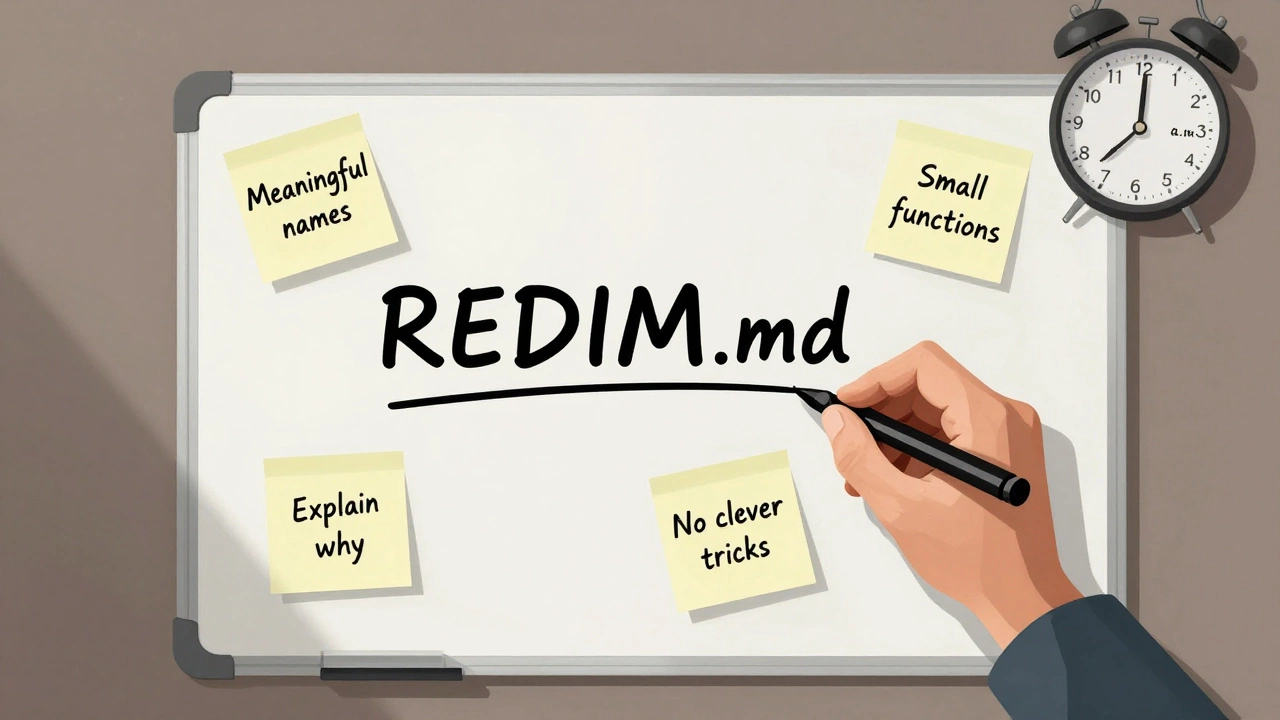 Hand writing coding best practices on a whiteboard with sticky notes.