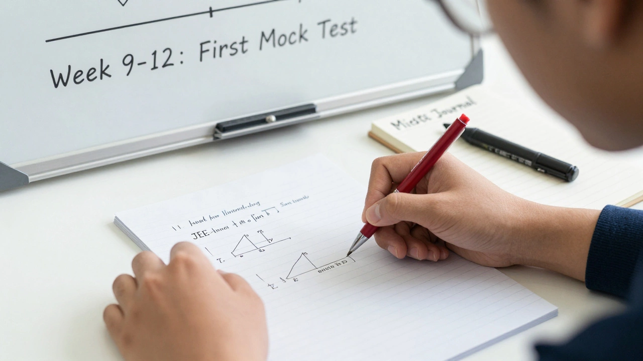 Hands solving a JEE calculus problem with a mistake journal and organized study tools nearby.