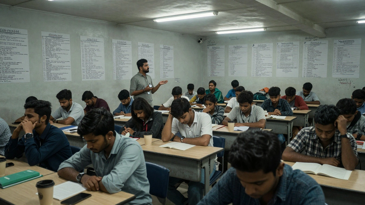 Hundreds of students sit silently in a coaching center at dawn, surrounded by study materials.