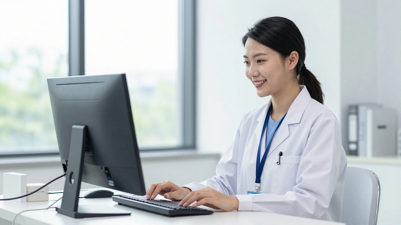 Medical assistant entering patient data with CMAA badge visible in clinic