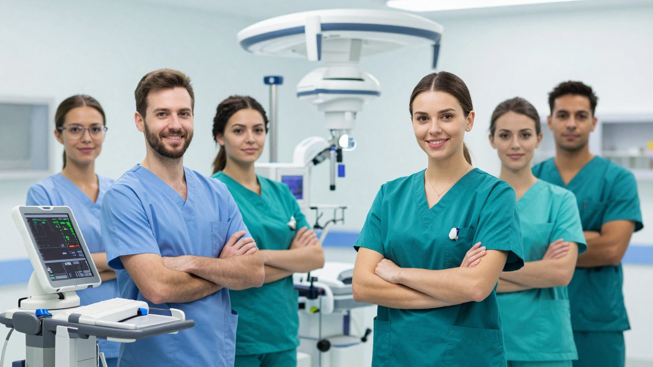 Nurse anesthetists beside medical equipment in a modern hospital setting.