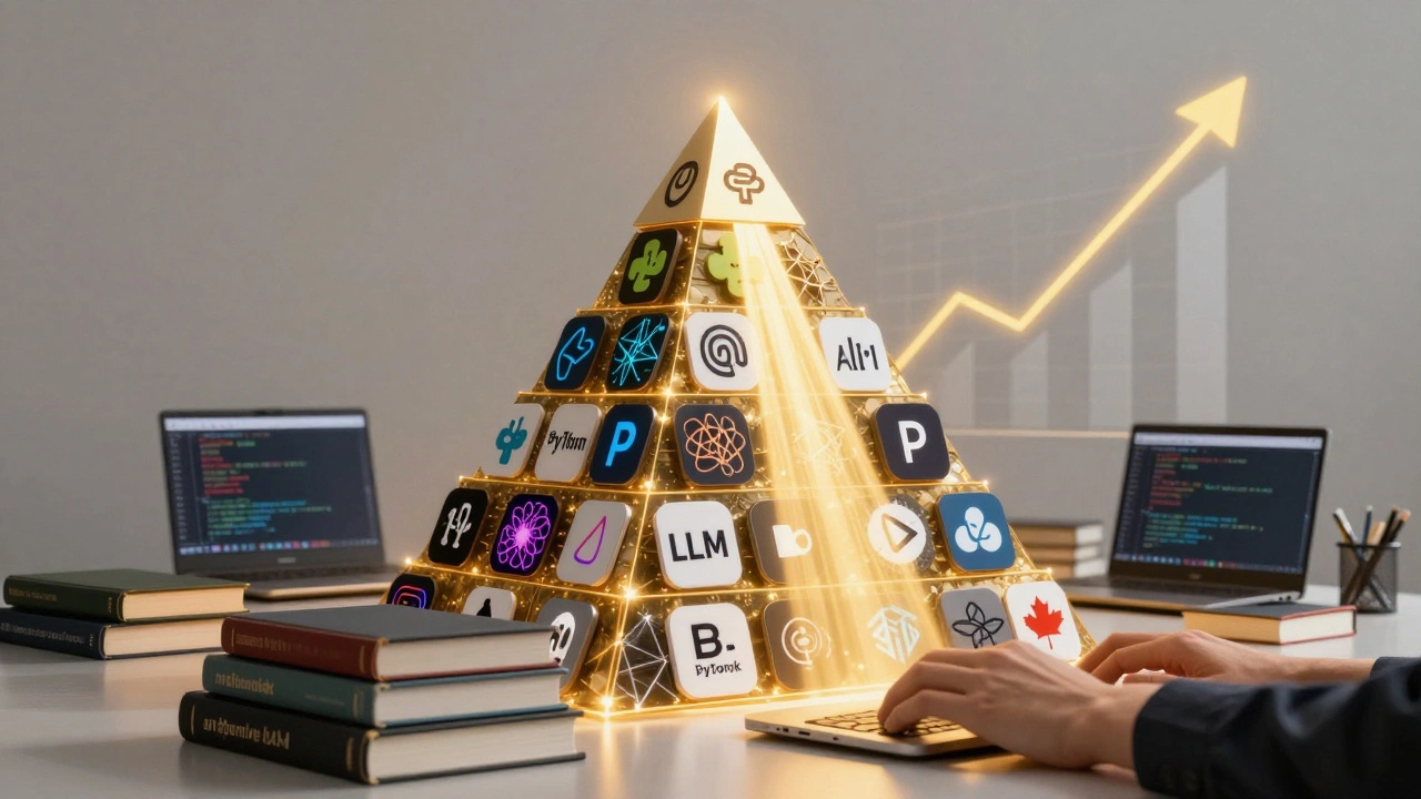 Pyramid of AI icons rising with salary graph spiking upward, symbolizing high earnings