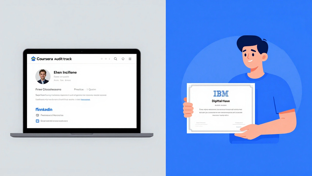 Side-by-side comparison of free Coursera learning versus paid certificate access with digital badge.