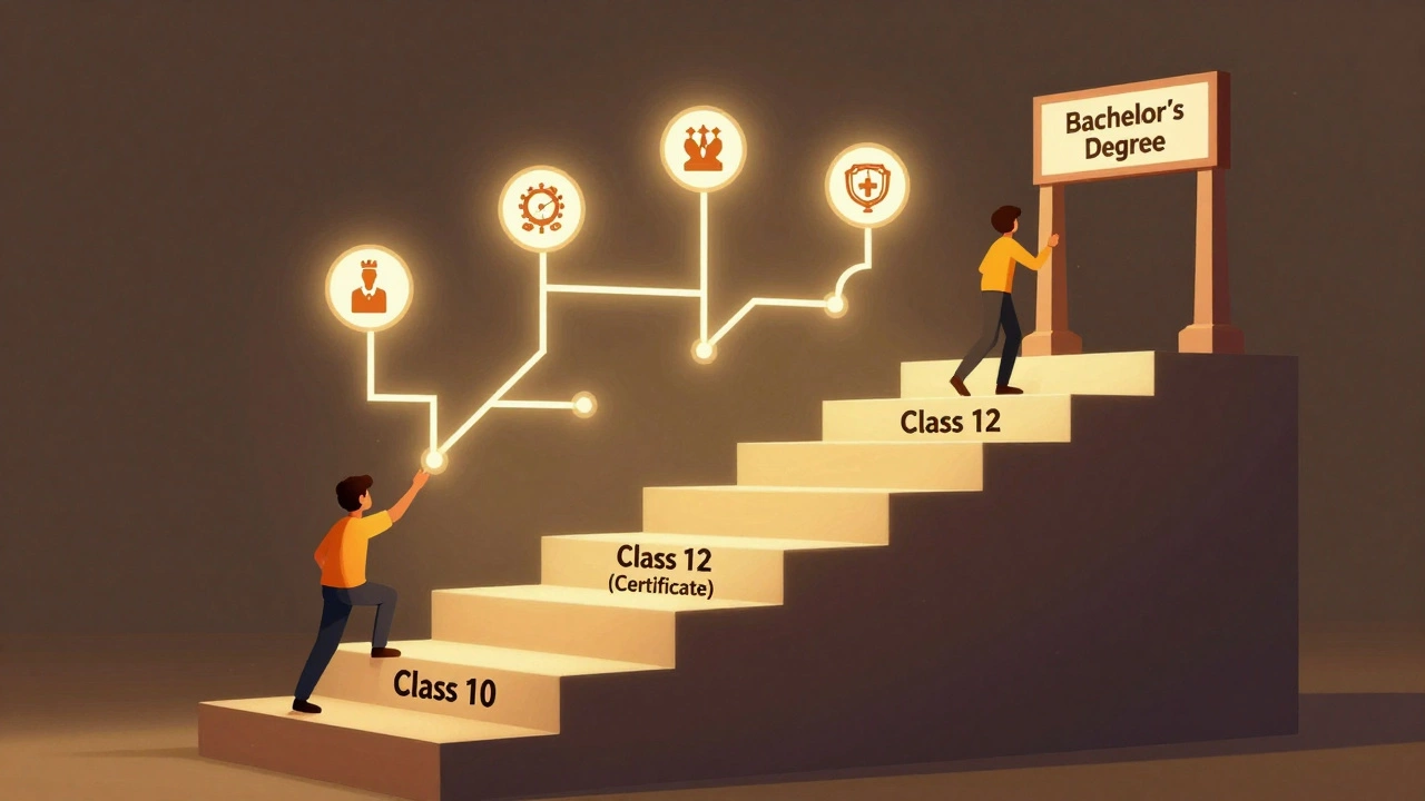 Staircase illustrating education levels from Class 10 to Bachelor’s Degree with career paths branching upward.