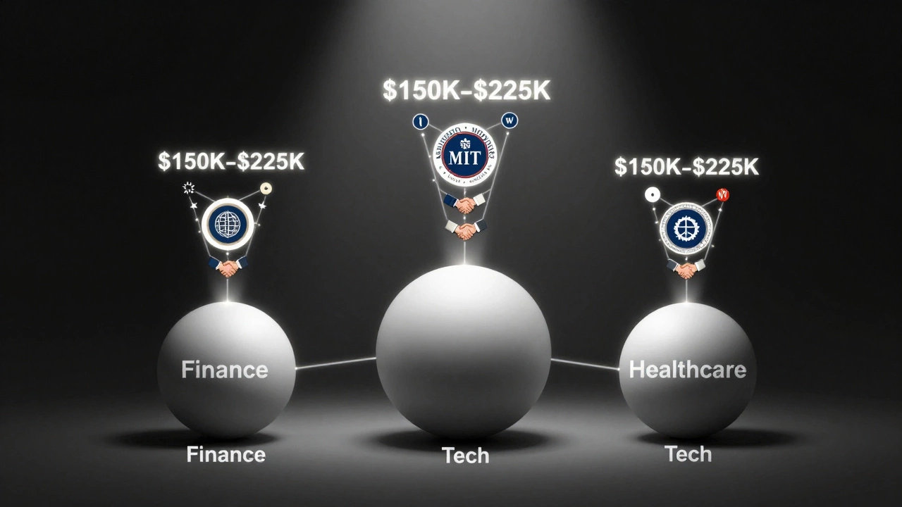 Three interconnected spheres representing finance, tech, and healthcare with salary figures rising upward