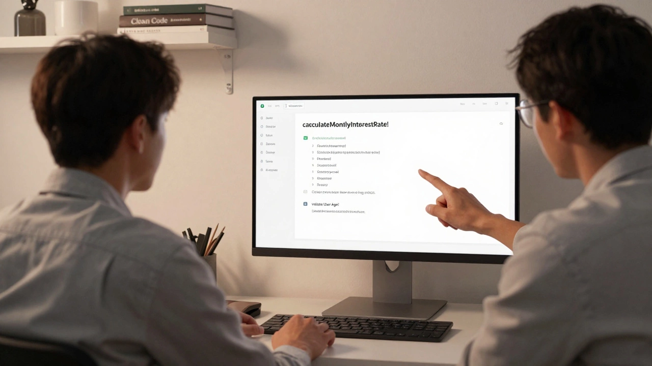 Two developers reviewing clean, well-named code on a monitor together.