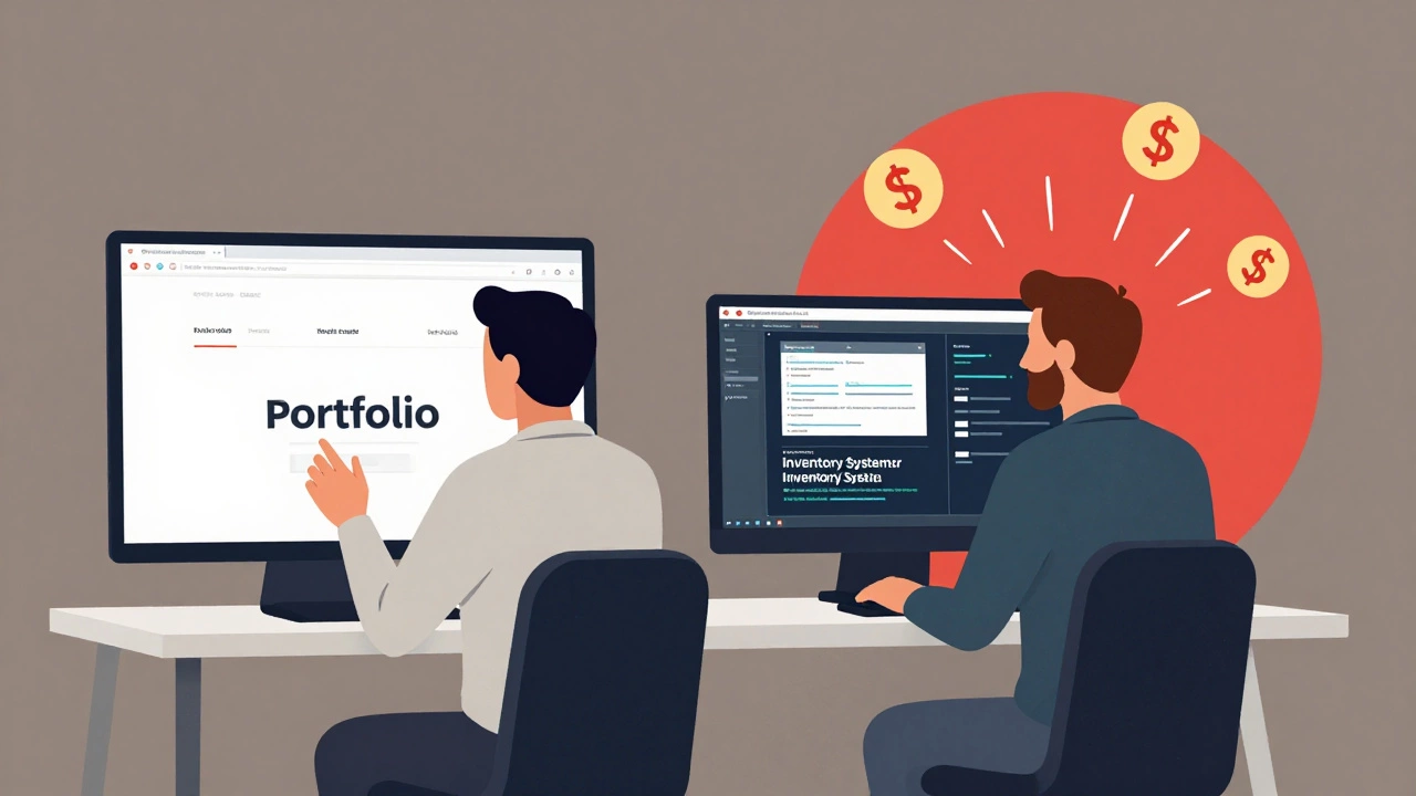 Two developers side by side—one building a simple website, the other fixing a business inventory system.