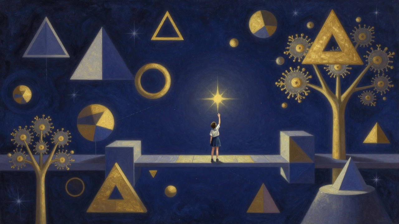 A lone student standing on a logical bridge among floating mathematical shapes in a cosmic space.