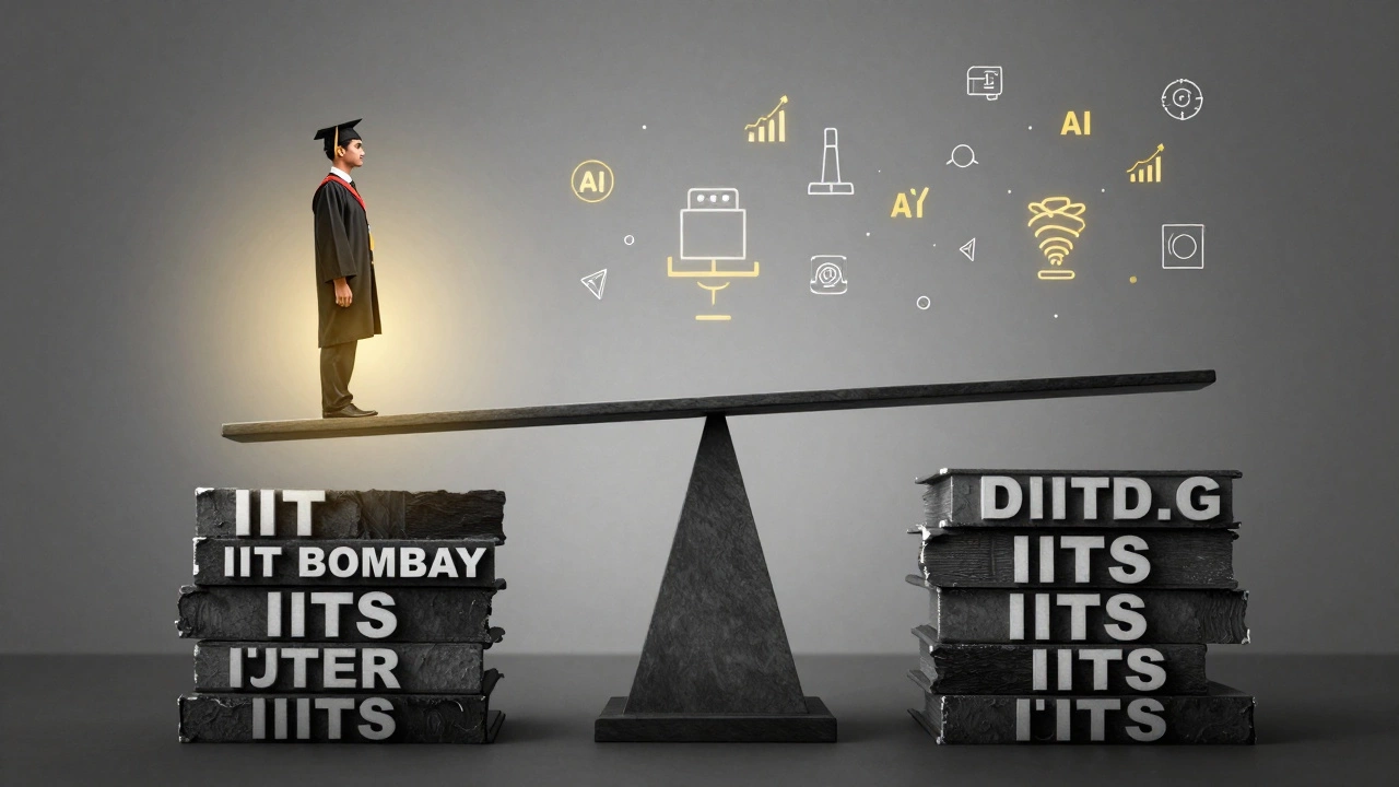 A scale balancing IIT Bombay against other IITs, with glowing tech icons rising above the top side.