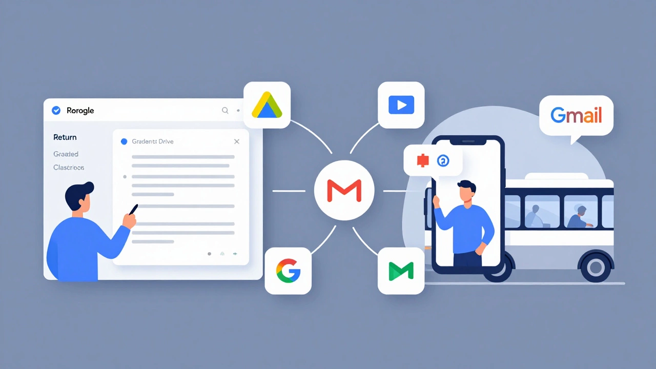A teacher returning graded work and a student receiving a voice comment on their phone, with connected Google tools shown in a clean vector style.