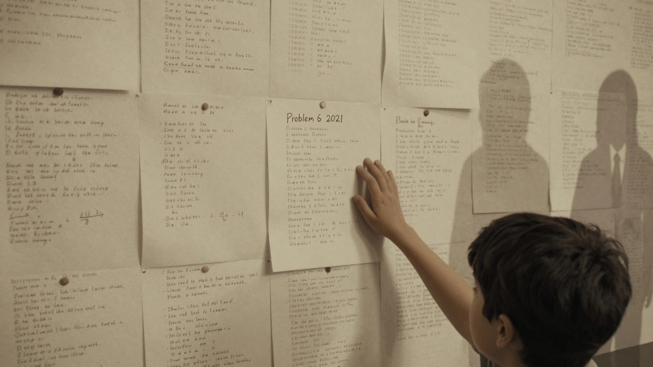 A wall covered in historic IMO problems with a new challenge pinned at the center, shadowed by past winners.