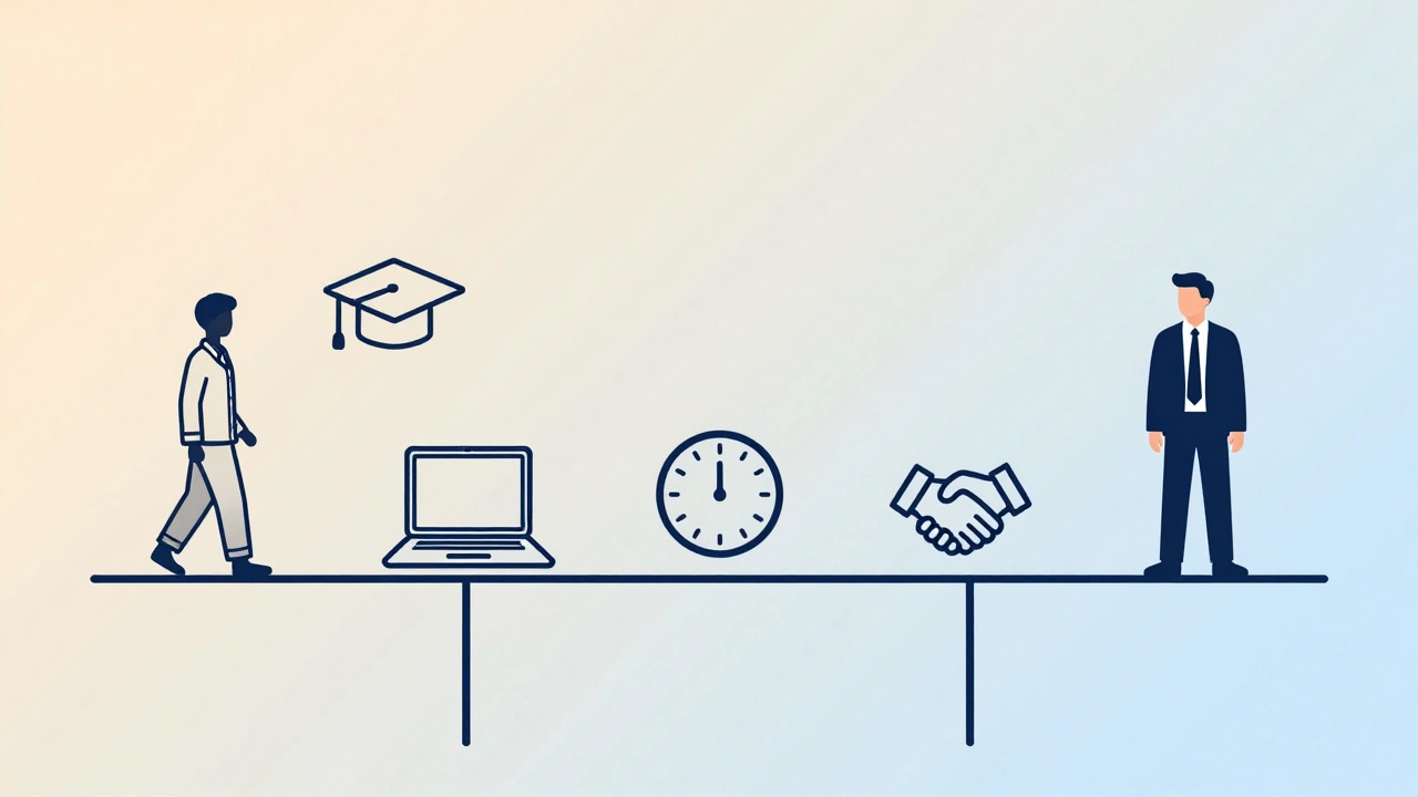 Bridge iconography showing evolution from outdated stereotype to respected online degree holder.