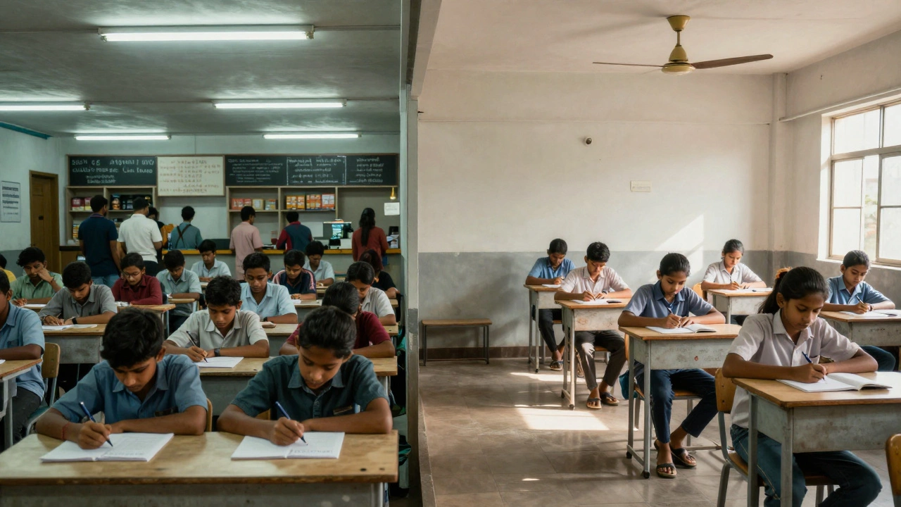 Contrast between crowded Delhi coaching center and calm Kerala school classroom.