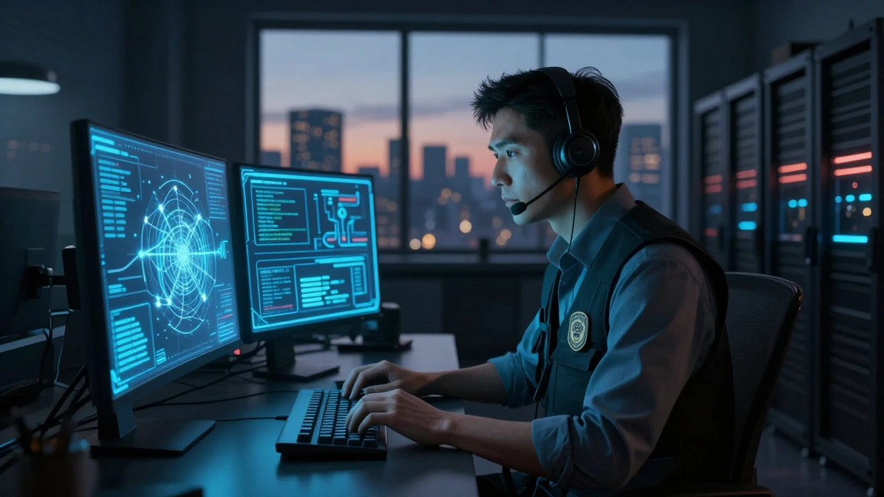 Cybersecurity expert working in a dim command center surrounded by glowing network maps and encrypted code.