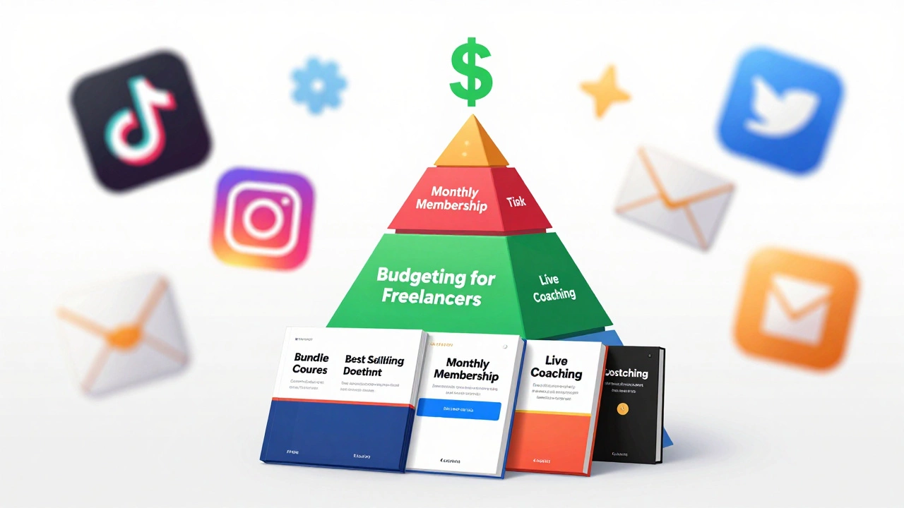 Digital course products stacked in a pyramid with income flowing upward.