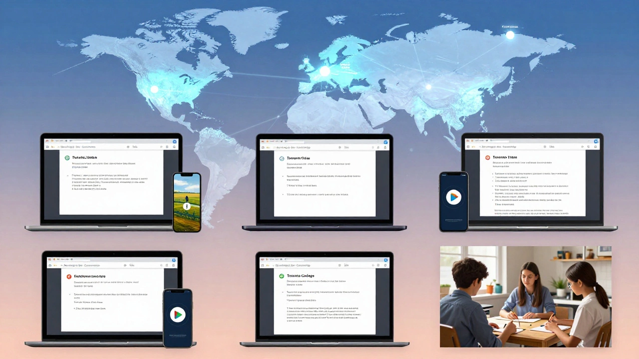 Diverse learners in different locations all using Google Classroom on various devices, connected by a glowing global map of users.