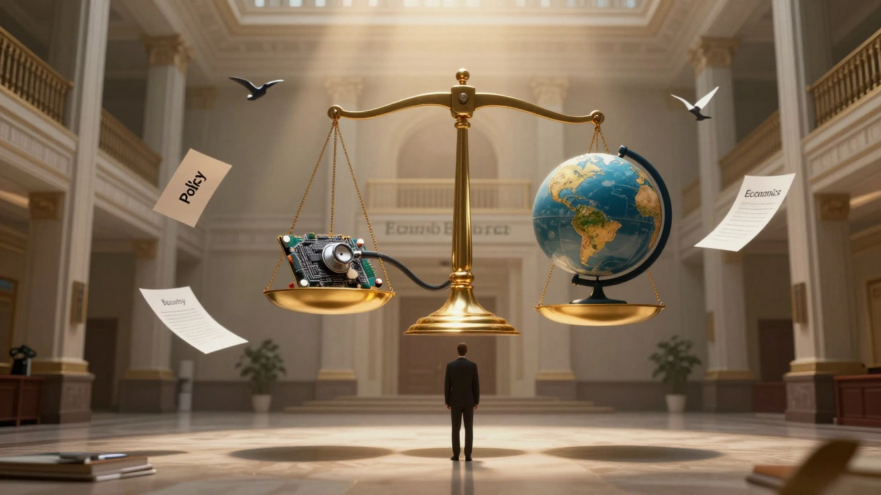 Golden scale balanced with medical, tech, and economic symbols under soft light, representing high-skill government roles.