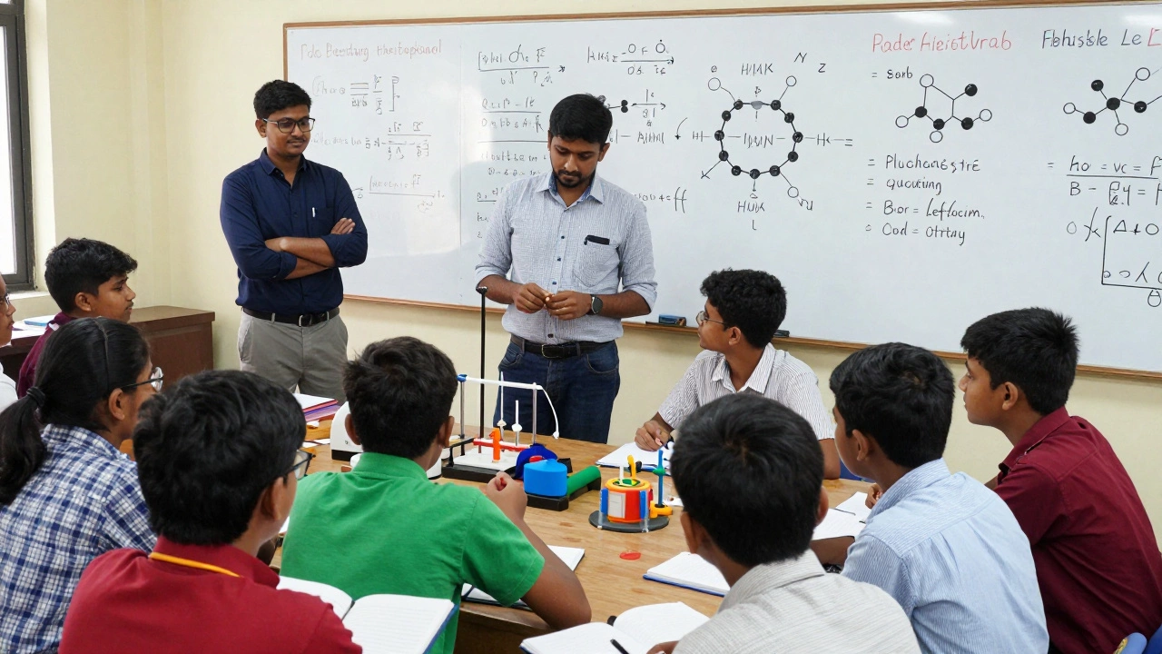 IIT mentors guiding Tamil Nadu students in a science workshop with whiteboards and lab equipment.