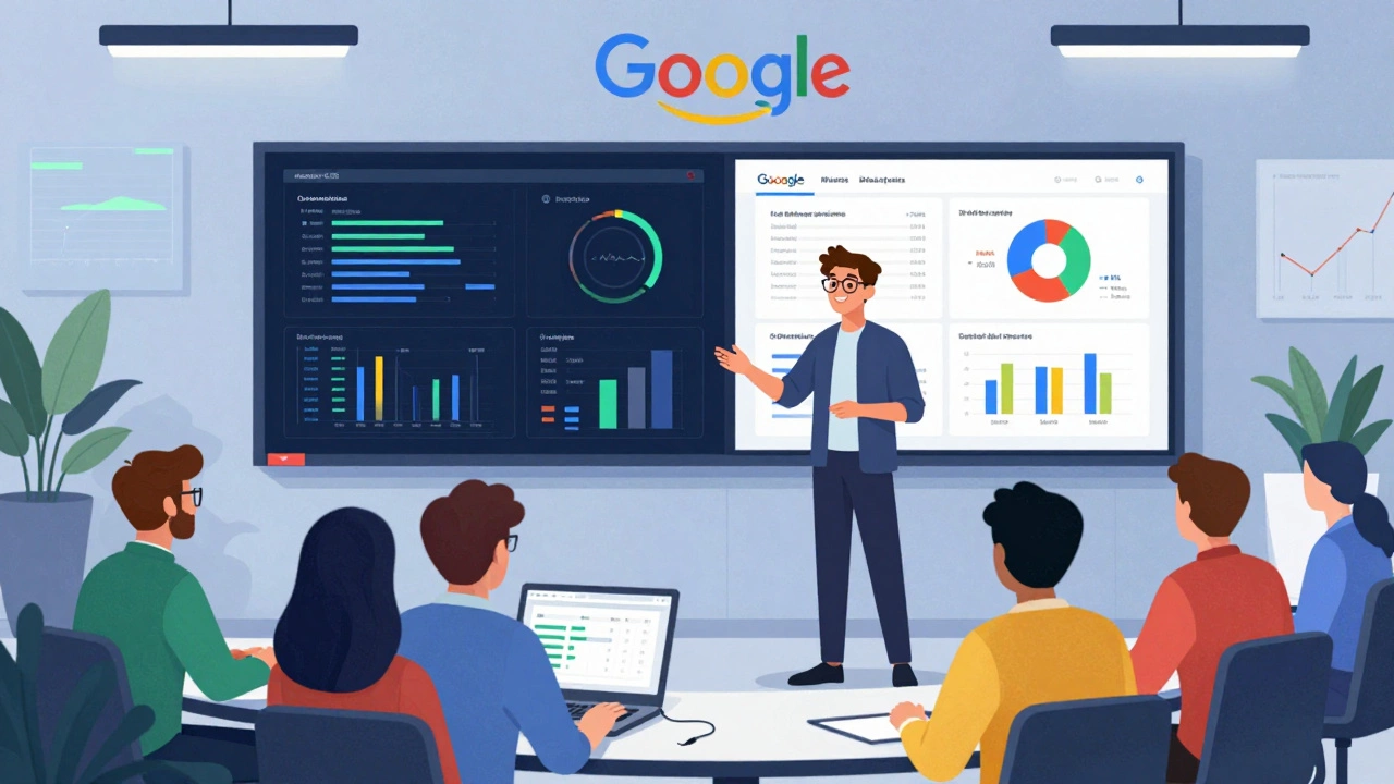 MBA professional presenting data strategy to a tech team with digital dashboards in the background.