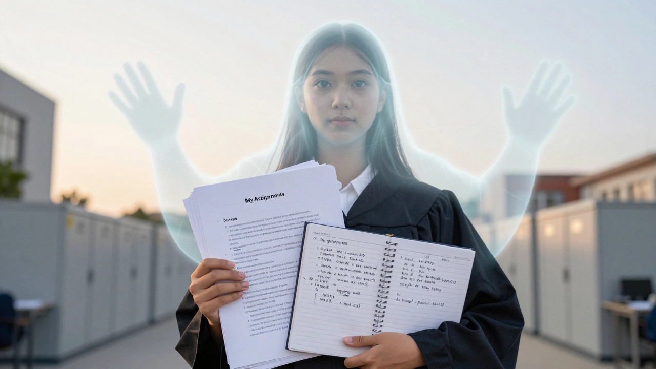 A graduate holds printed assignments and a journal as a fading digital Google Classroom looms behind them.
