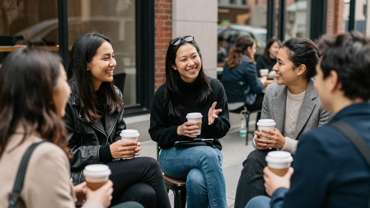 A group of people having a friendly conversation at an English language meetup.
