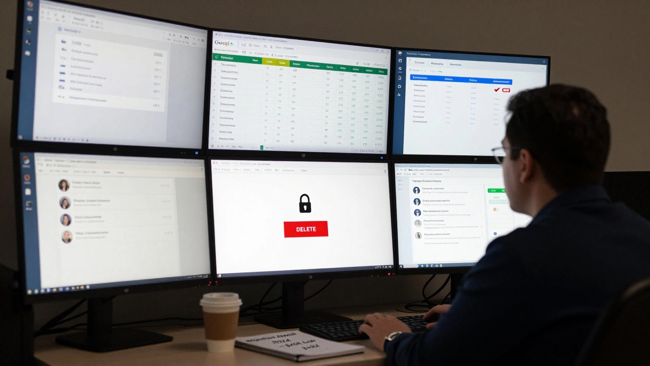 A school administrator faces multiple monitors showing Google Workspace systems, with a disabled delete button and notes on failed migration costs.