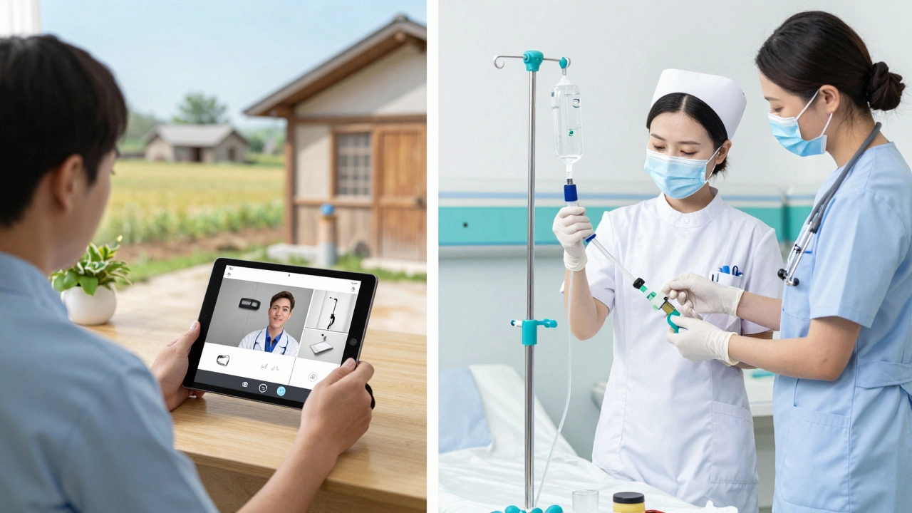 A split image showing online learning at home and hands-on training in a hospital setting.