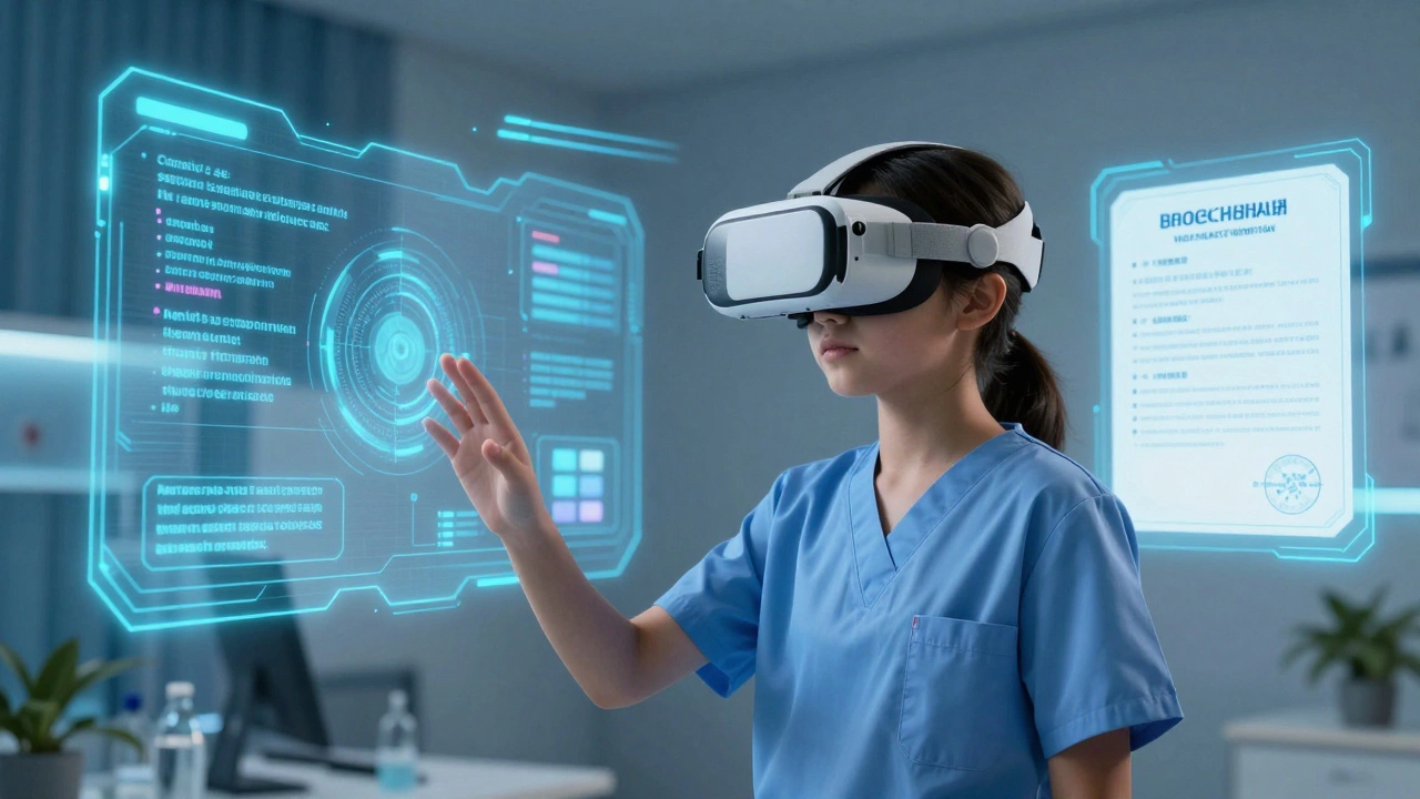 A student using VR for medical training with AI feedback and a floating blockchain transcript, symbolizing the future of accredited distance education.