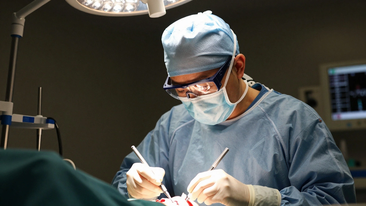 A surgeon performs emergency surgery in a hospital, with a child's reflection in their glasses.