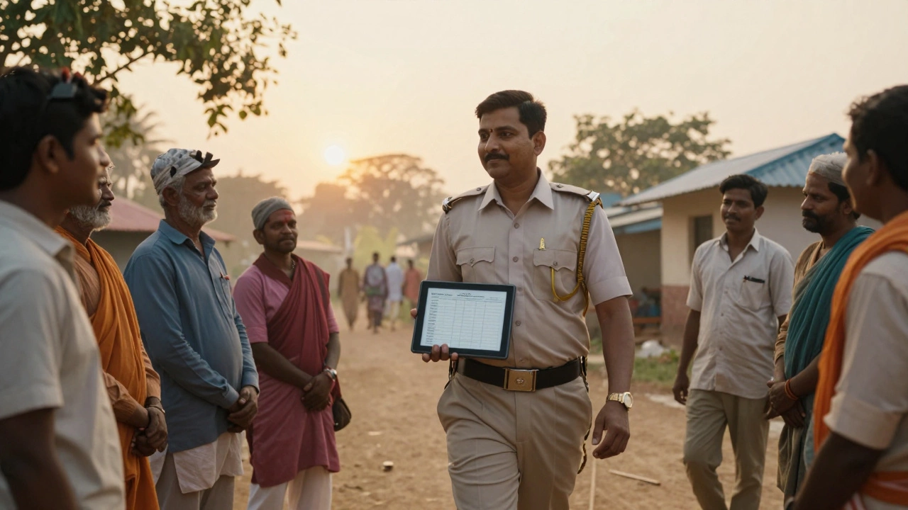 An IAS officer shows digitized land records to villagers at sunrise in a rural Indian community.