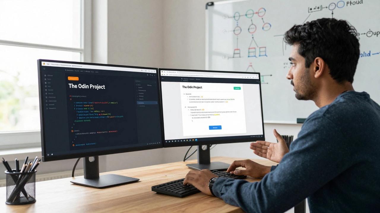 An intermediate coder working on a web app using The Odin Project curriculum with dual monitors.