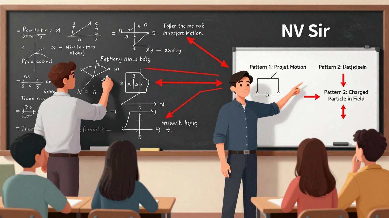 Contrast between traditional physics teaching and NV Sir's pattern-based method in a classroom setting.