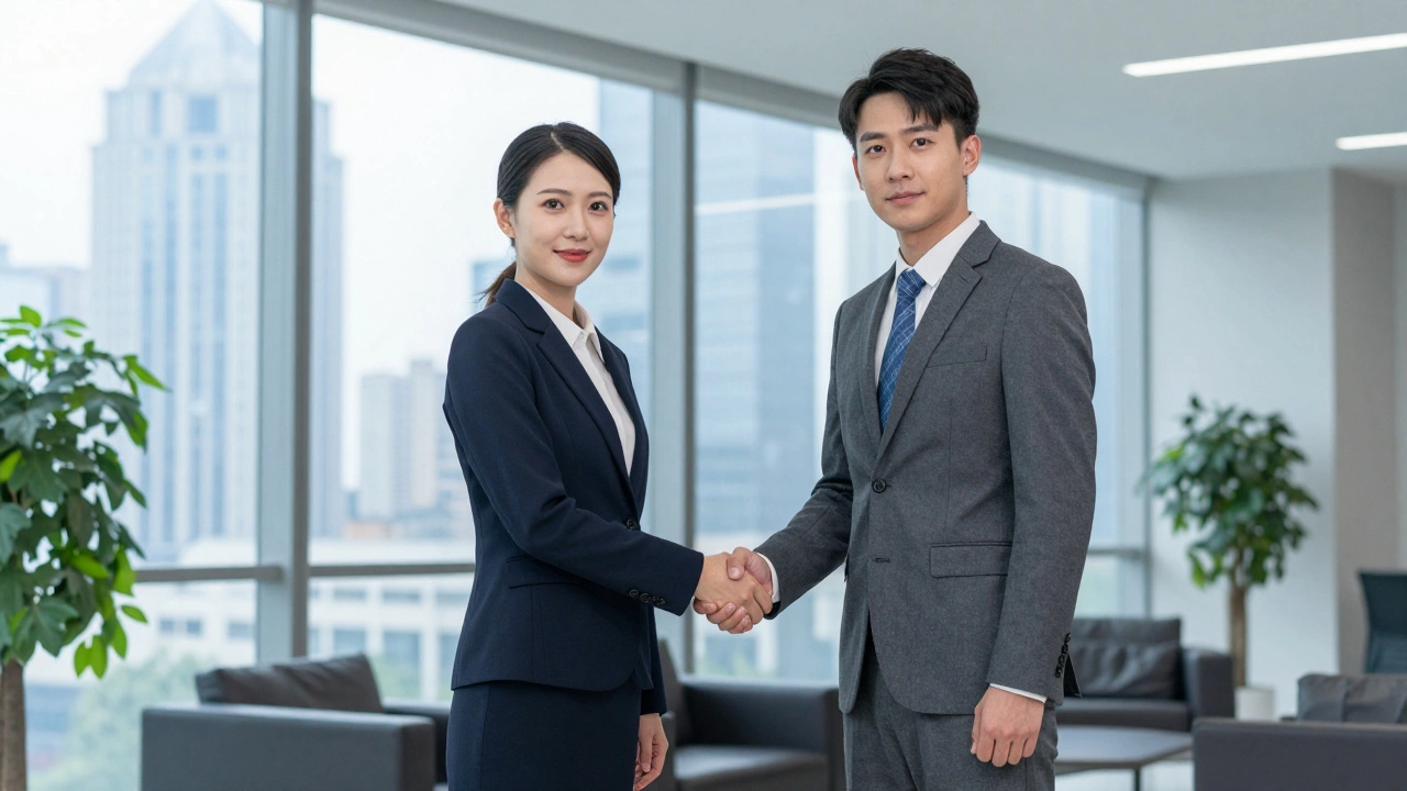 Professionals shaking hands in modern office with city view