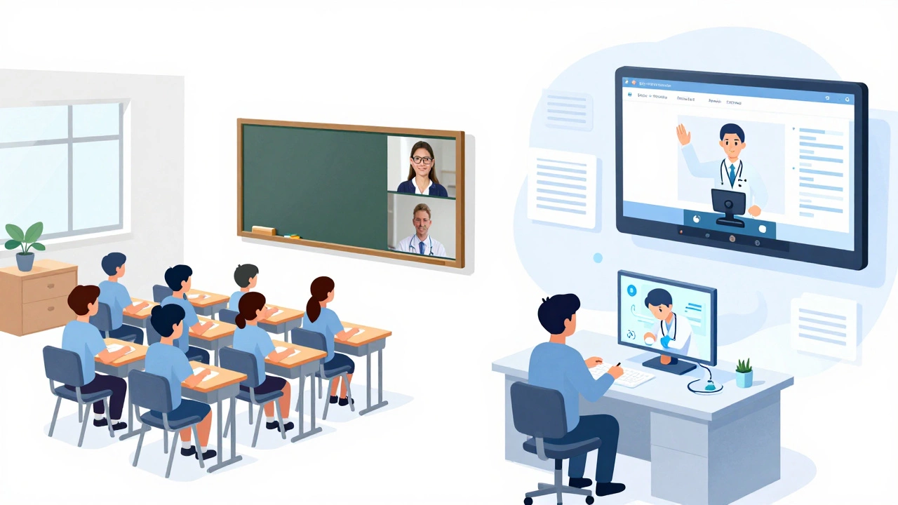 Side-by-side comparison of a traditional classroom and a modern digital learning environment with video calls, virtual labs, and online exams.