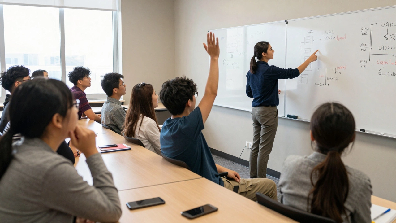 Students engaged in a lively classroom discussion with a professor pointing to a whiteboard.