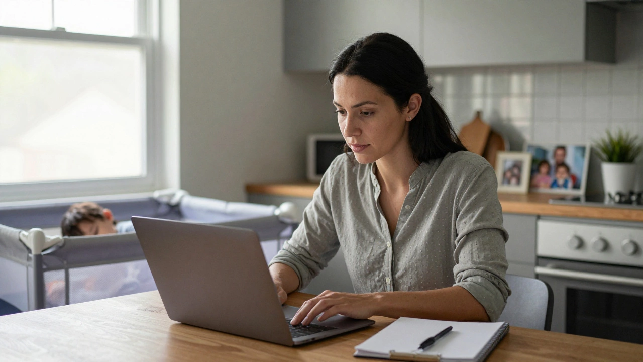 Woman studying on laptop with sleeping child nearby
