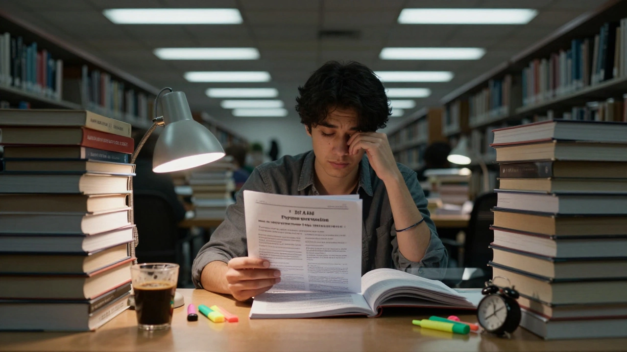 A pre-med student studying late at night surrounded by MCAT textbooks and coffee cups in a library.