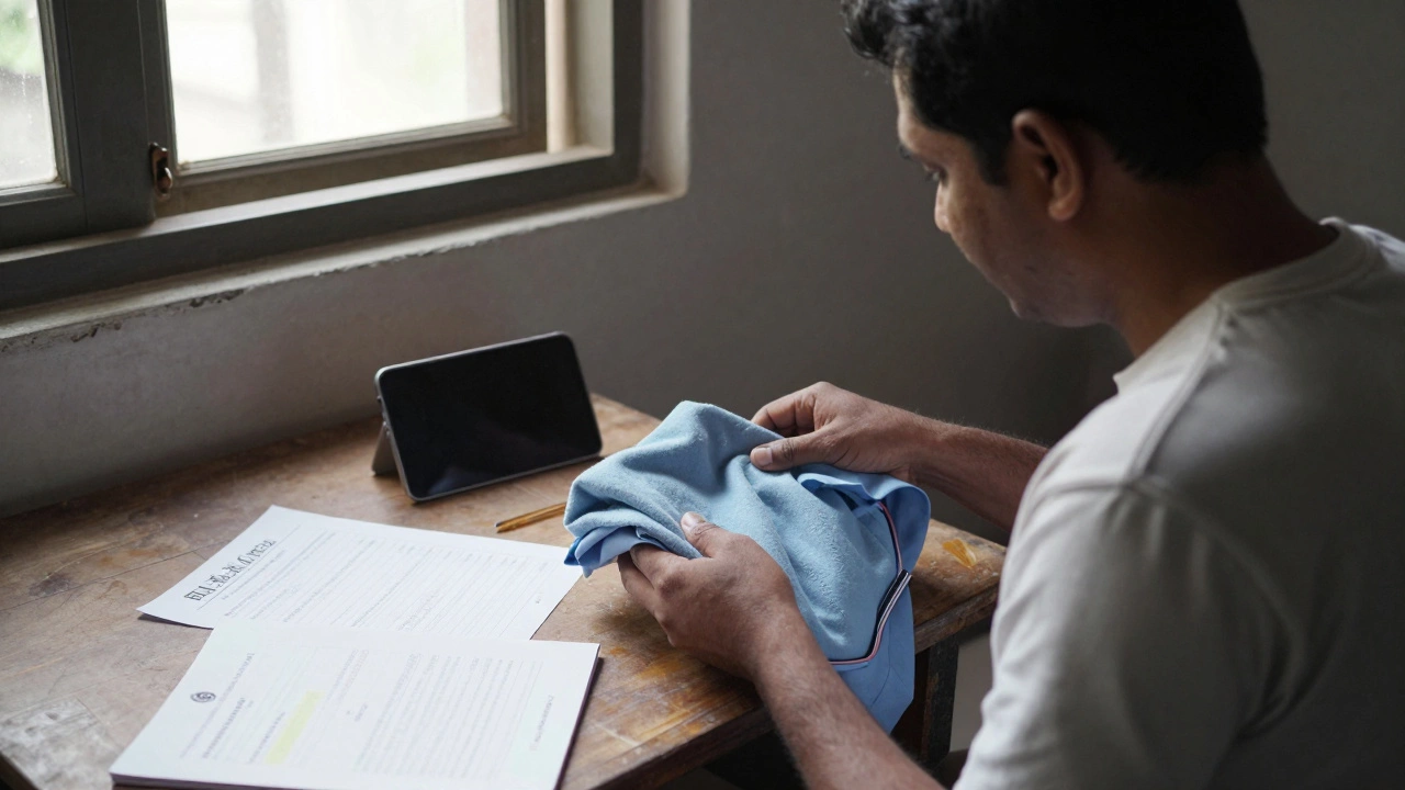 An adult learner listening to an audio lesson while doing chores, with printed learning materials on the table.